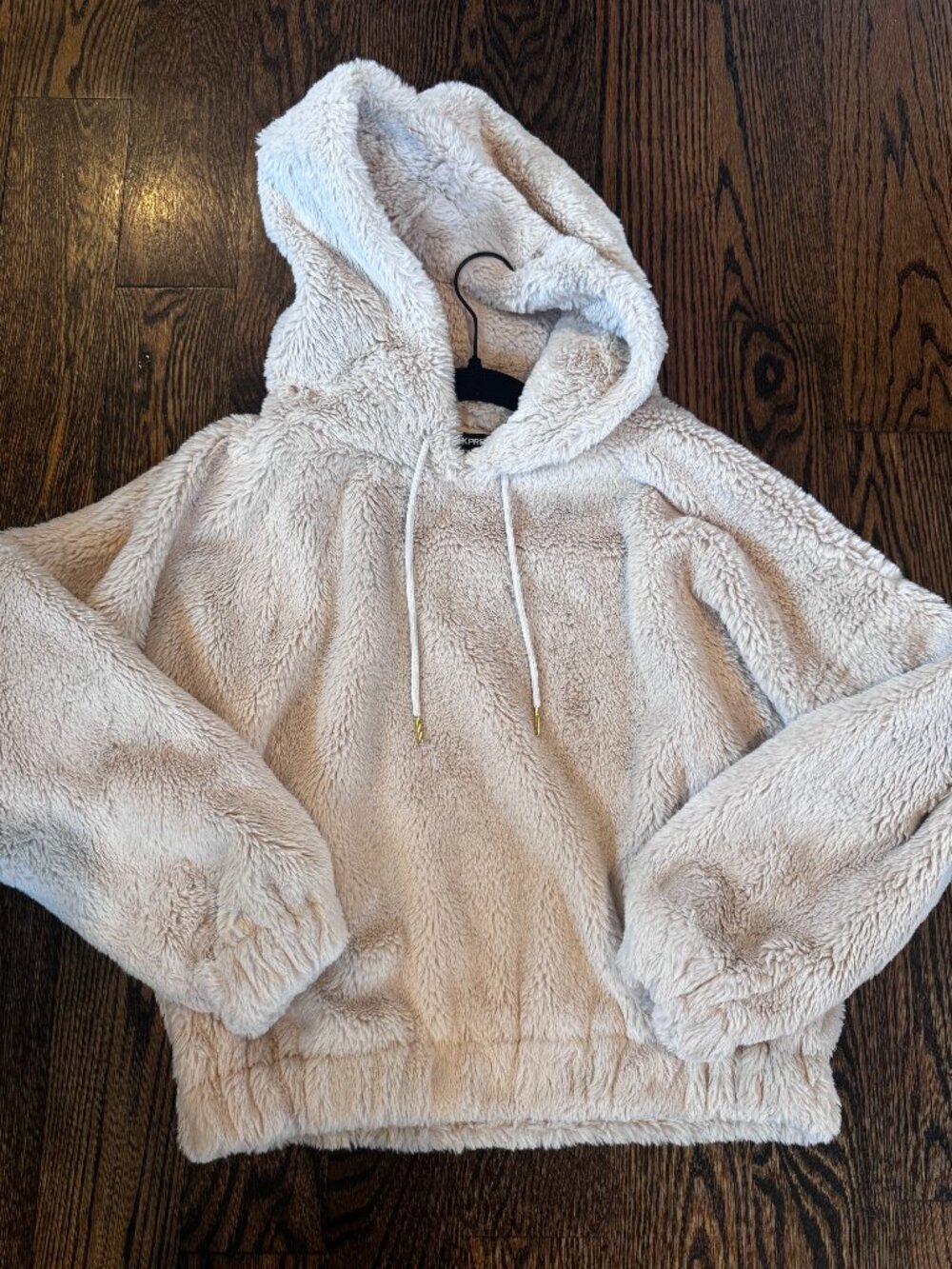 Express XS Cream Faux Fur Plush Sherpa Hoodie Pullover Cozy Oversized